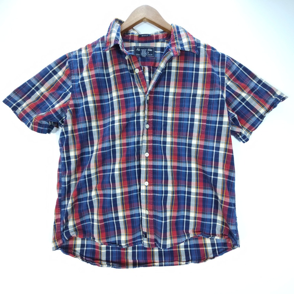 Y2K Abercrombie & Fitch Shirt Mens Large Blue Red Plaid Muscle Fit Cotton